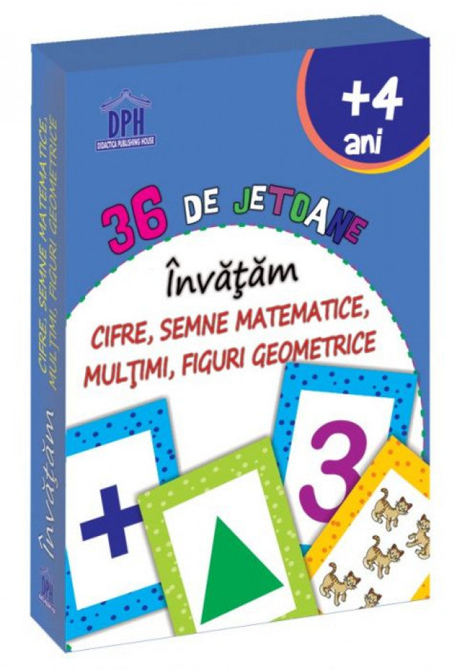 Învăţăm cifre, semne aritmetice, mulţimi, figuri geometrice. 36 de jetoane - + 4 ani